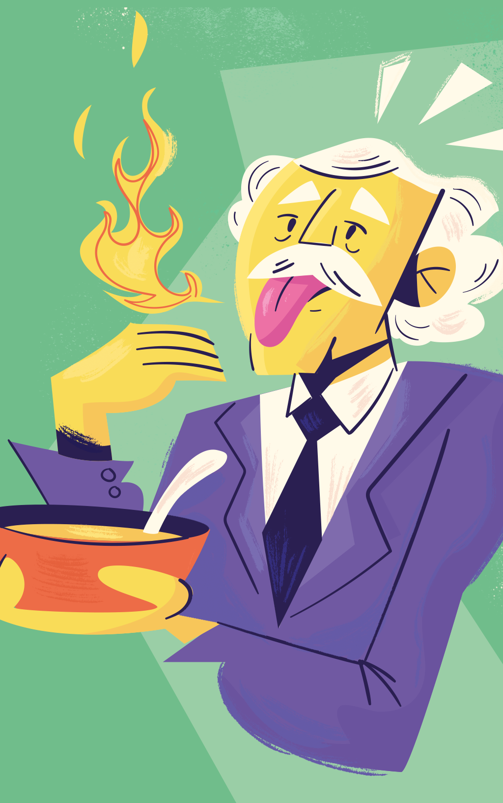 Ilustração de Albert Einstein comendo vatapá com pimenta.