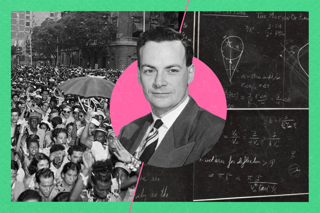 Colagem com Richard Feynman no centro da imagem, ao lado da foto do carnaval de rua do Rio e de uma foto de lousa.