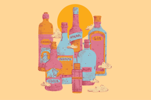 Ilustração de garrafas de bebidas alcoólicas.
