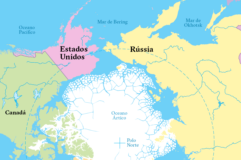 Mapa mostrando o Polo Norte e a distância entre Estados Unidos e Rússia.