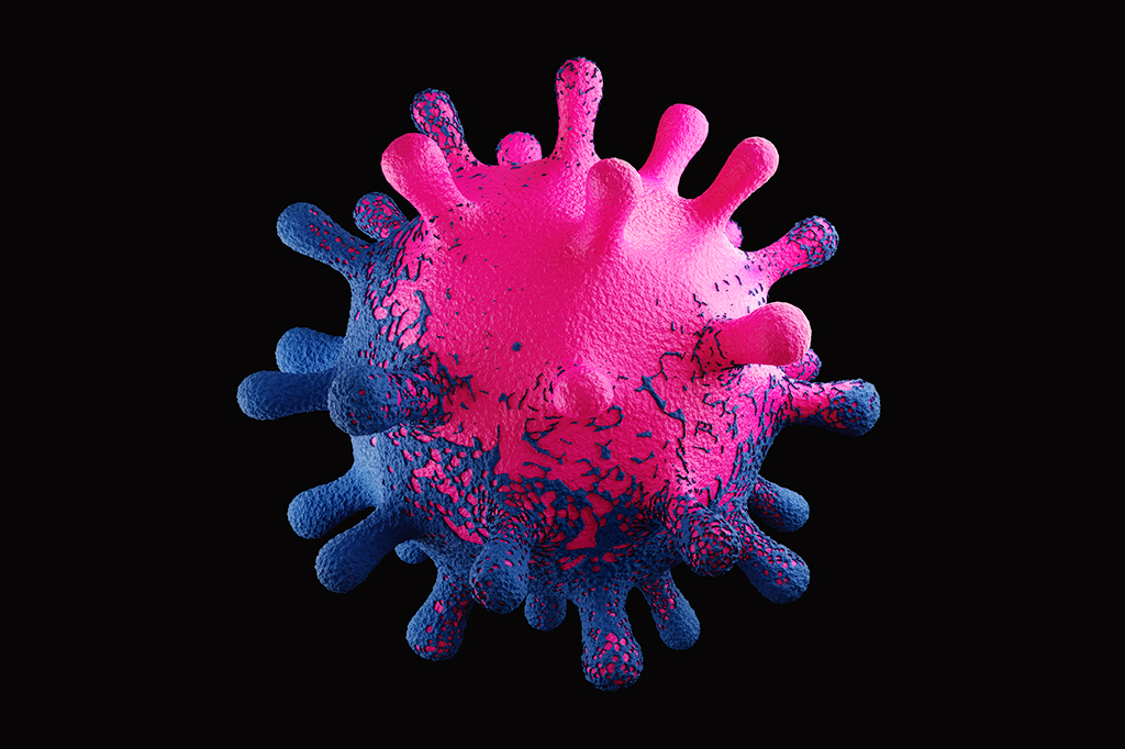 Ilustração 3D de um vírus da Covid-19 com duas cores.