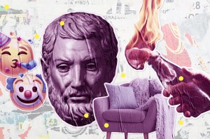 Colagem de emojis, estátua de Clístenes (considerado o pai da democracia), poltrona e coquetel molotov.