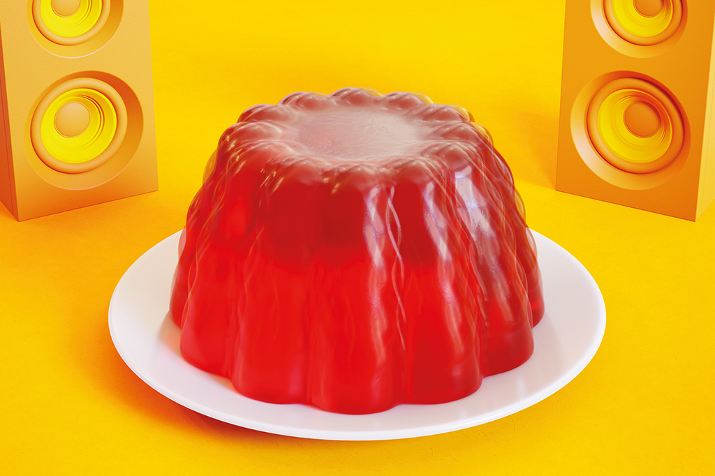 Ilustração 3D de gelatina vibrando com caixas de som ao redor.