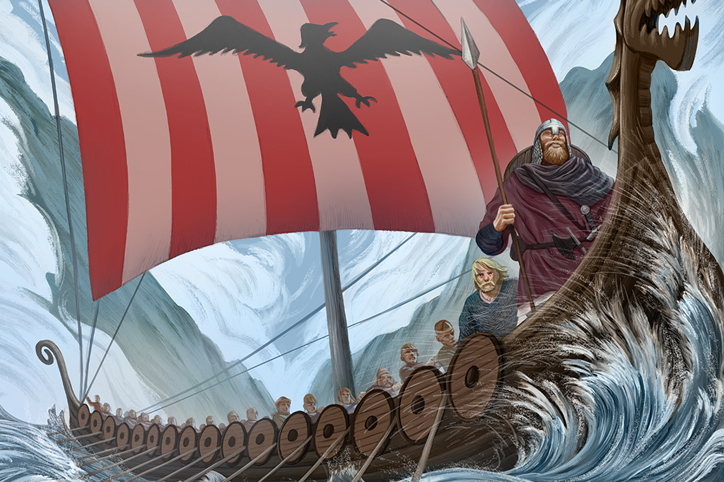 Ilustração de vikings navegando.