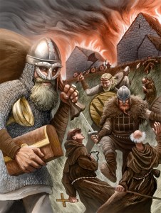 Ilustração de vikings enfrentando cristãos e saqueando.