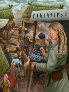 Ilustração de comunidade viking comerciando.