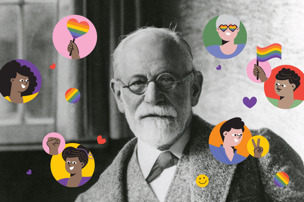 Foto de Freud com colagem de ilustrações LGBTQIA+.