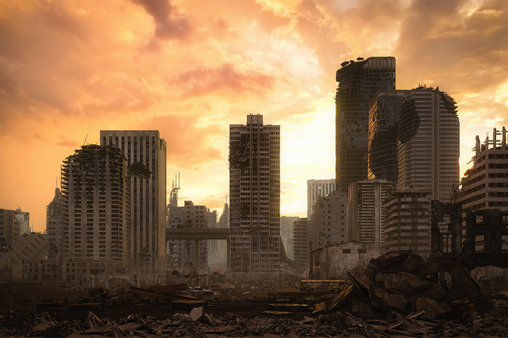 Ilustração 3D de cidade destruída.