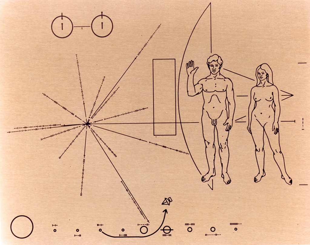 Placa Pioneer projetada por Carl Sagan e Frank Drake, com arte de Linda Salzman Sagan.