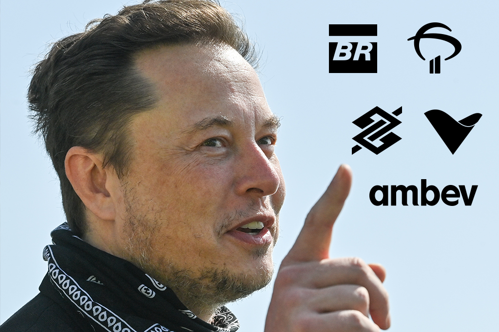 Montagem de Elon Musk com logos de empresas brasileiras.