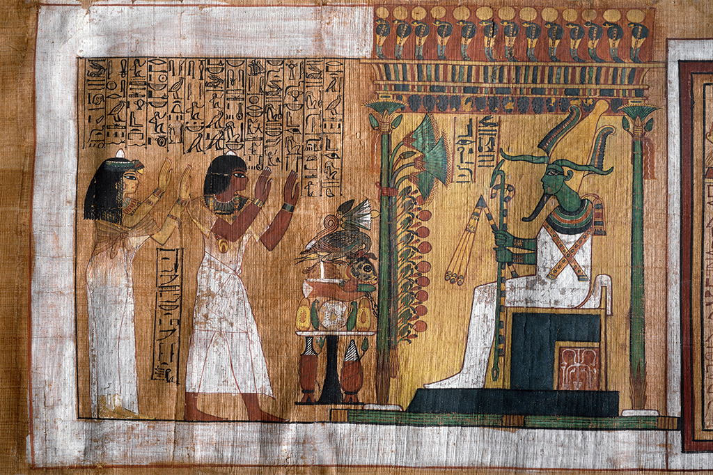 Papiro do Antigo Egito mostrando Kha e Merit reverenciando Osíris.