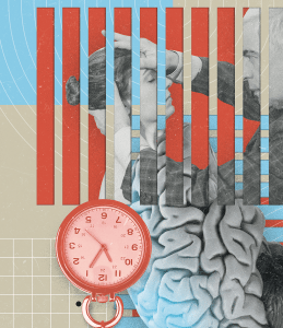 Colagem de uma mulher sendo hipnotizada, um cérebro e um relógio.