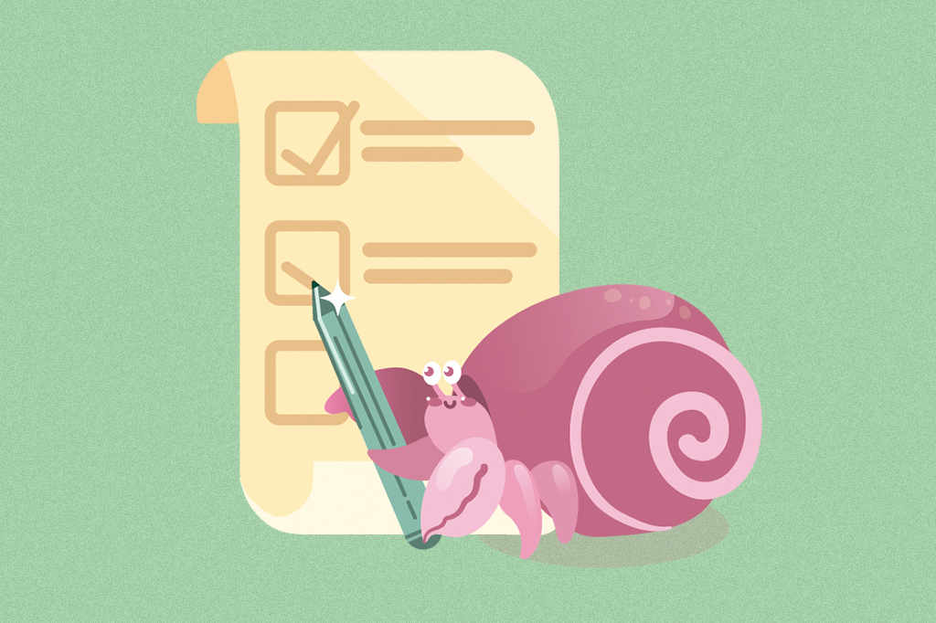 Ilustração de um molusco com casca assinalando uma lista de tarefas.