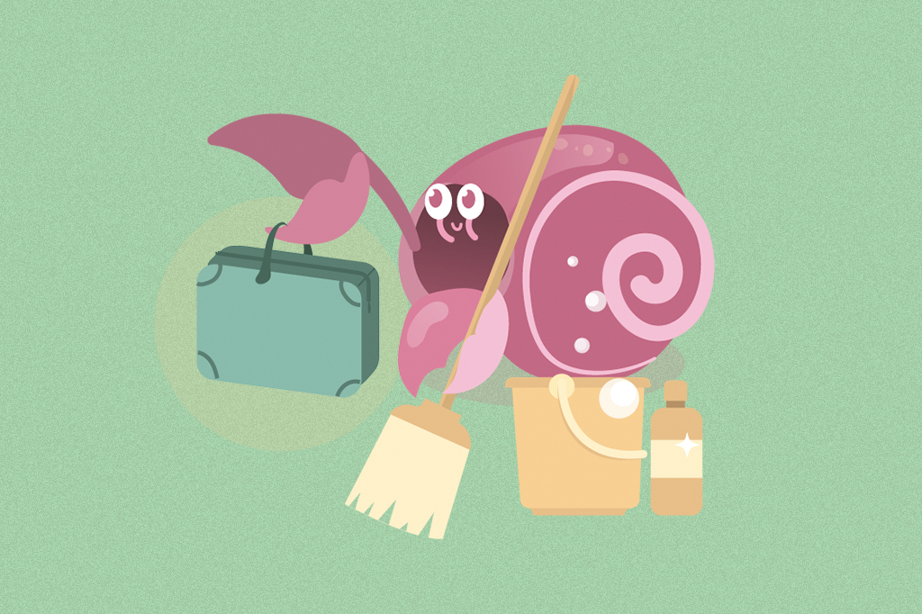 Ilustração de um molusco com casca segurando uma maleta e uma vassoura, com itens de limpeza ao lado.