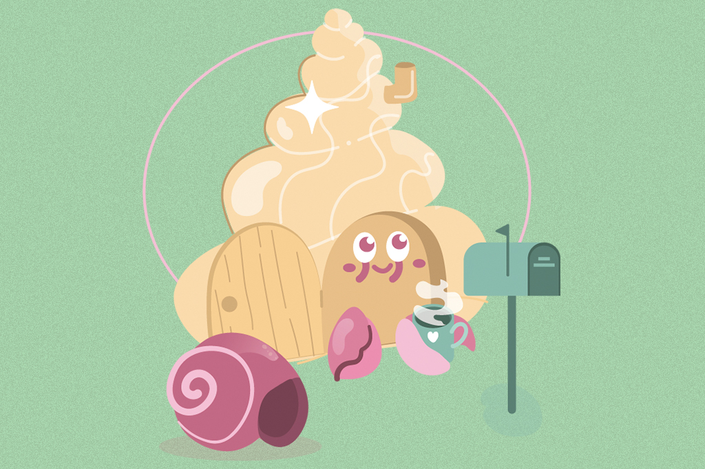 Ilustração de um molusco fora do casco e dentro de uma casa, segurando uma caneca de café. Ao lado, há uma caixa de correspondências.