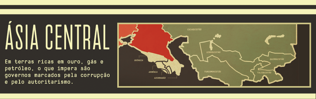 Banner com o mapa da Ásia Central.Em terras ricas em ouro, gás e petróleo, o que impera são governos marcados pela corrupção e pelo autoritarismo.