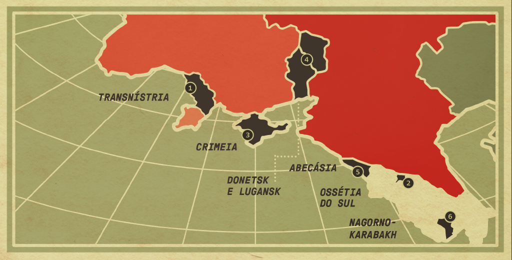 Ilustração de um mapa com regiões em disputa.