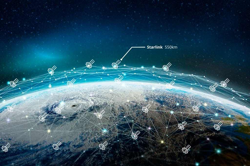 Imagem ilustrativa: Detalhe da vista da Terra do espaço, com esquemas de satélites interligados. Há destaque para a localização da Starlink no centro da imagem.