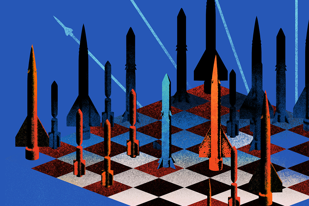 Ilustração de jogo de xadrez com mísseis nucleares no lugar das peças.