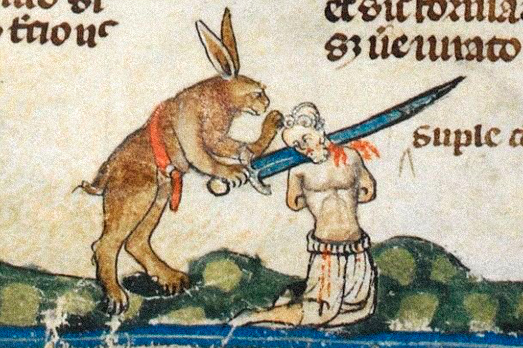 Imagem de uma ilustração em que um coelho assassina um homem, cortando seu pescoço com uma espada.