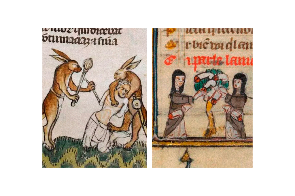 Montagem de duas imagens: à esquerda, tem-se coelhos caçando humanos e, à direita, duas freiras em uma colheita de pênis.