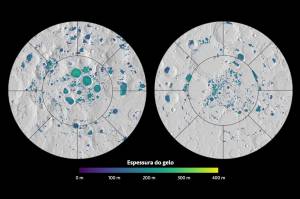 Gráfico mostrando a espessura do gelo nos pólos lunares.