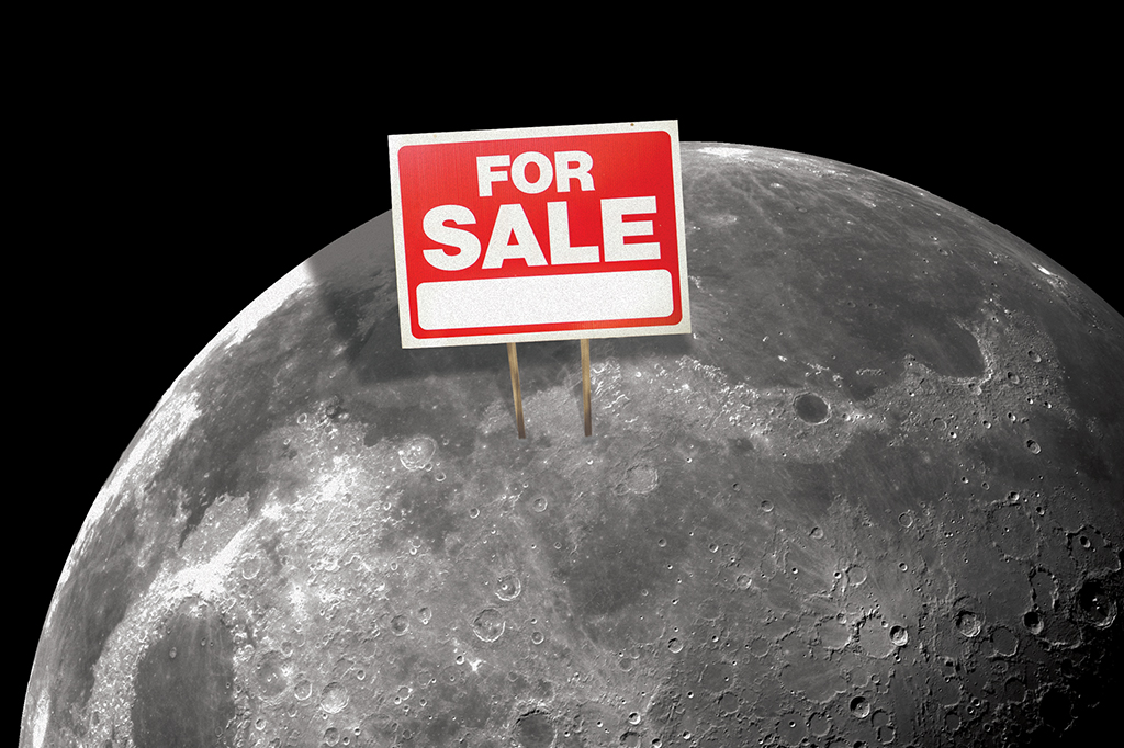 Foto da lua com uma placa de "for sale".