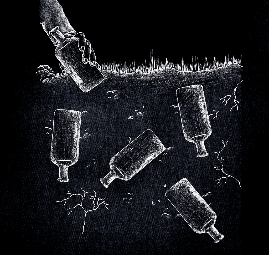 Ilustração de 5 garrafas enterradas e uma mão segurando uma delas.