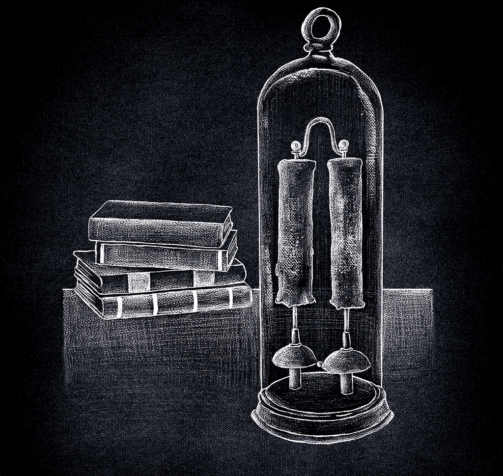 Ilustração de uma campainha antiga dentro de uma redoma de vidro.