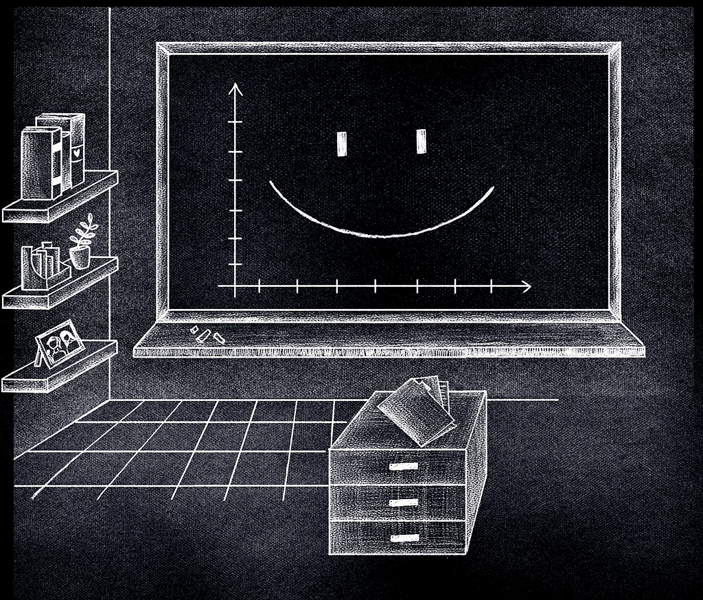 Ilustração de uma sala com uma lousa, prateleiras e gaveteiro. Na lousa, há um gráfico formando um sorriso.