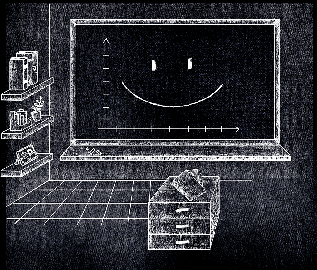 Ilustração de uma sala com uma lousa, prateleiras e gaveteiro. Na lousa, há um gráfico formando um sorriso.