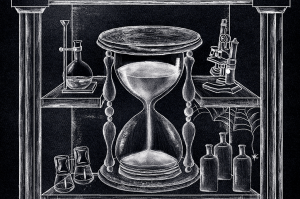 Ilustração de uma estante antiga com equipamentos de laboratório e, no centro, uma ampulheta.