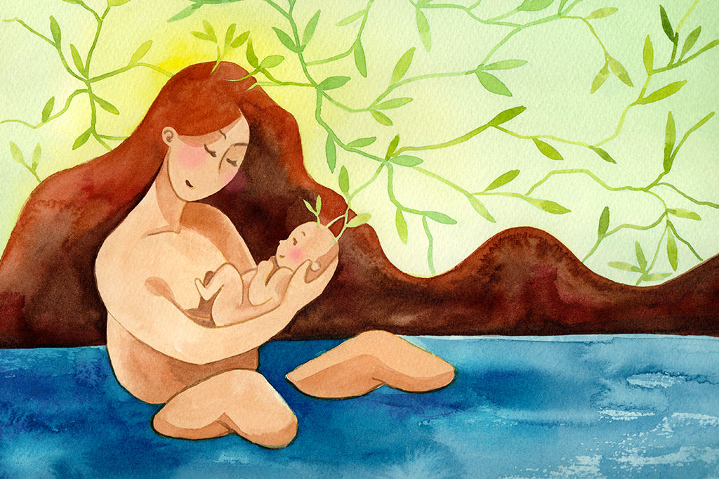 Ilustração em aquarela de uma mulher num parto humanizado, na água. Estão nascendo mais plantas dos ramos.