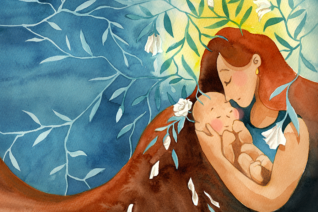 Ilustração em aquarela de uma mulher segurando o bebê no colo, com flores nascendo dos ramos. Algumas estão mais tristes que outras.