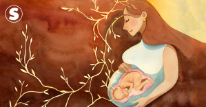 Ilustração em aquarela de uma mulher grávida, com ramos de plantas saindo da cabeça dela e do bebê.