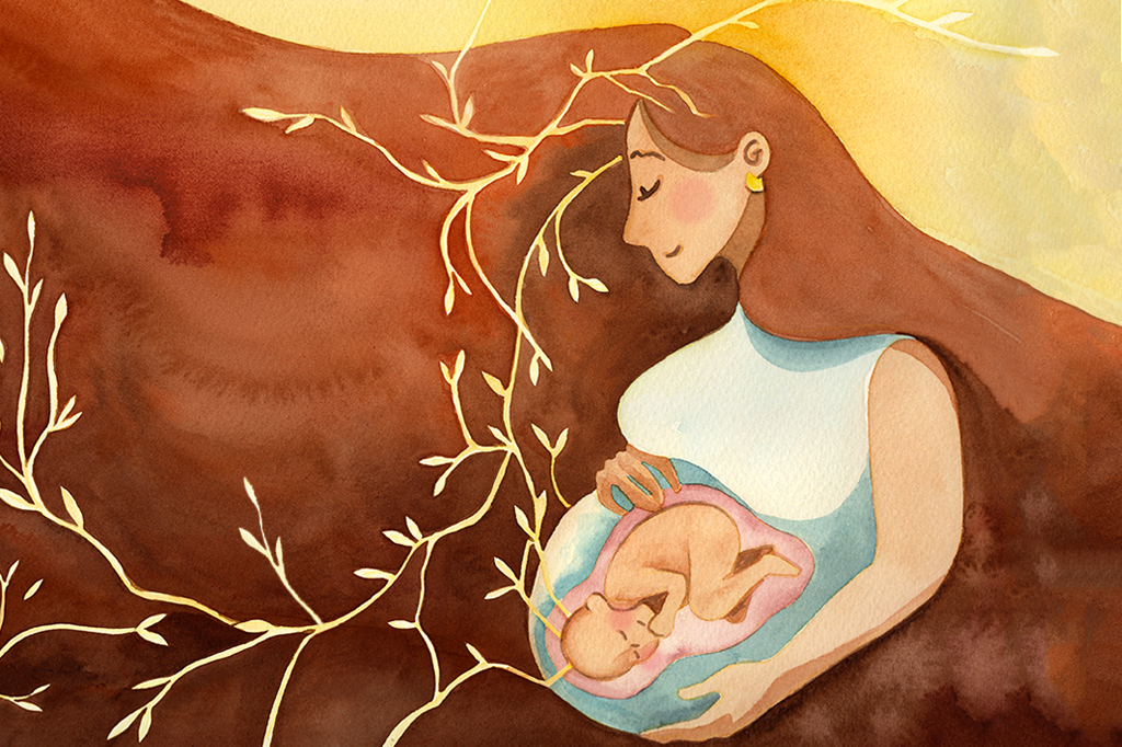 Ilustração em aquarela de uma mulher grávida, com ramos de plantas saindo da cabeça dela e do bebê.