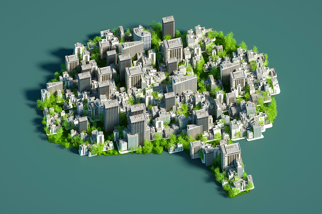 Ilustração 3D de cidade com contorno de cérebro.