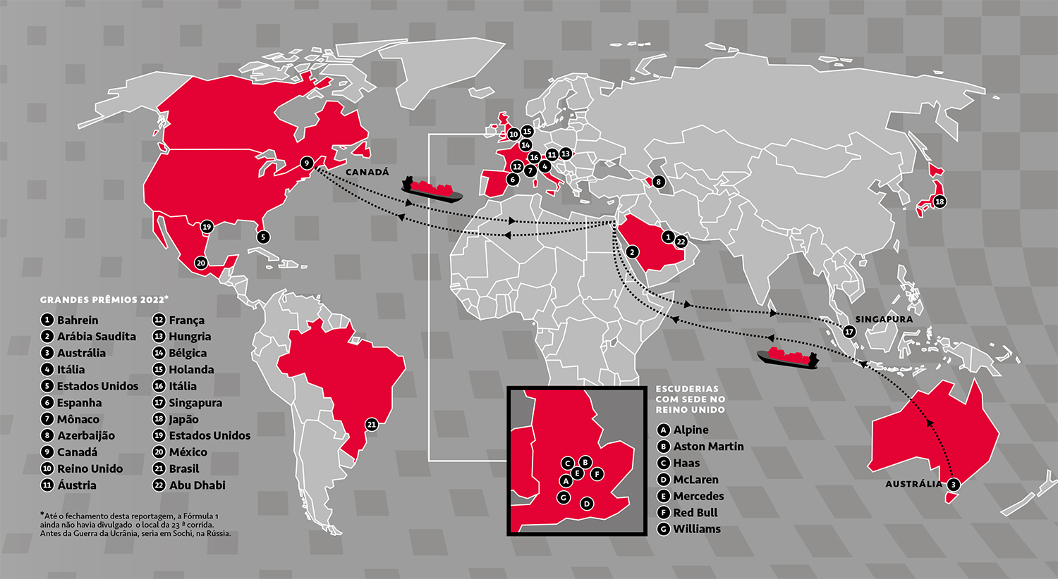Mapa com a localização dos GPs, escuderias que ficam no Reino Unido e rotas de navio Austrália-Canadá-Singapura.