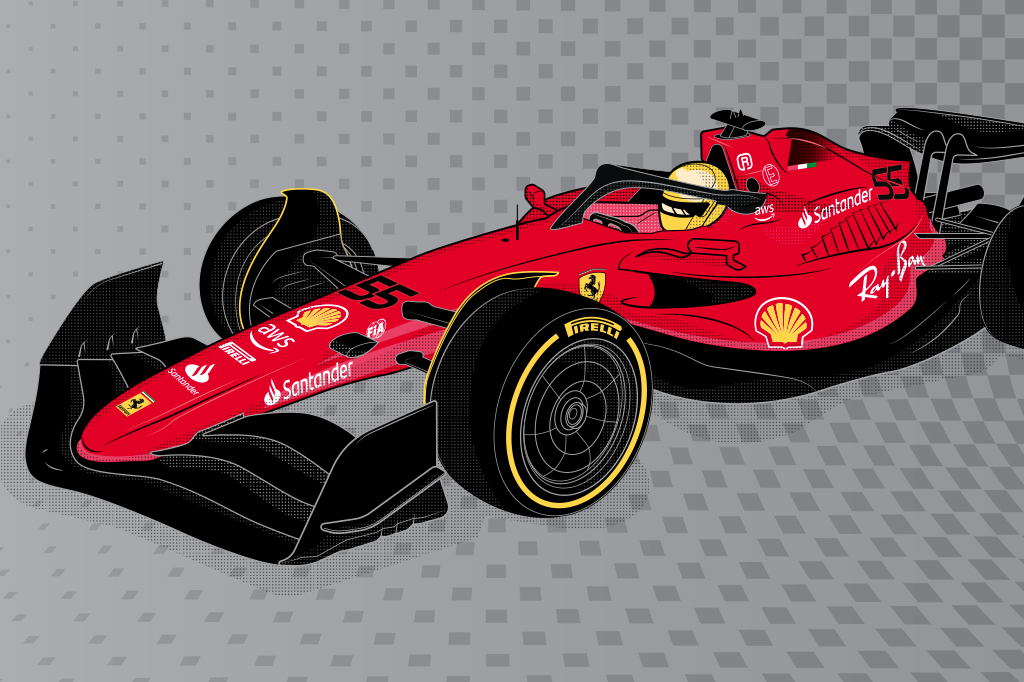 Ilustração do carro de Fórmula 1, modelo 2022, da Ferrari.