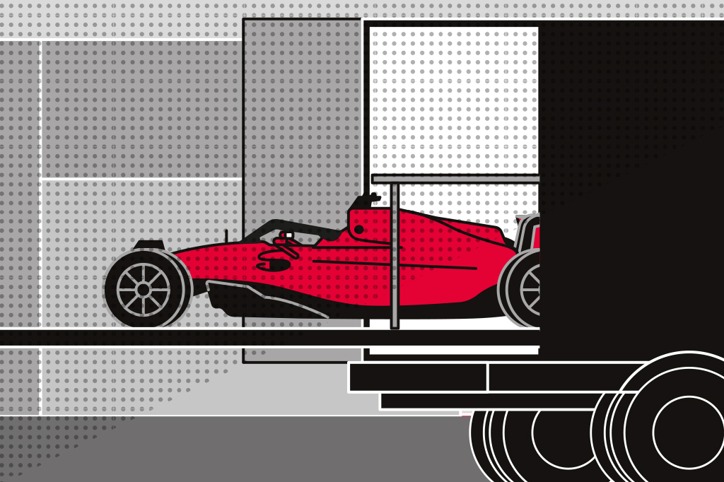 Ilustração de carro de Fórmula 1 desmontado entrando em caminhão.