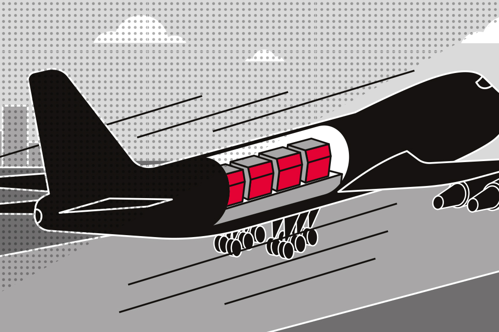 Ilustra&ccedil;&atilde;o de avi&atilde;o com containers dentro.