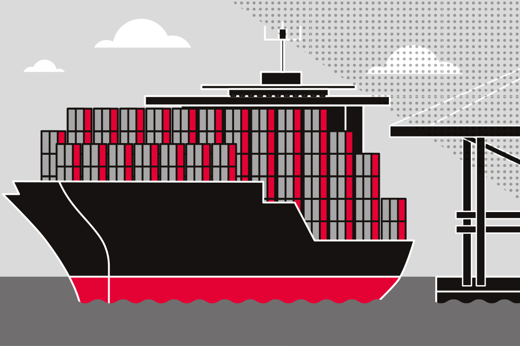 Ilustração de navio carregado de containers.