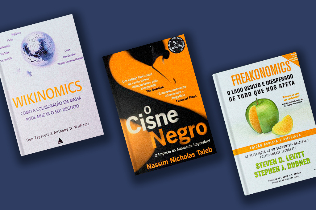 Montagem com capas dos livros Wikinomics, O Cisne Negro e Freakonomics.
