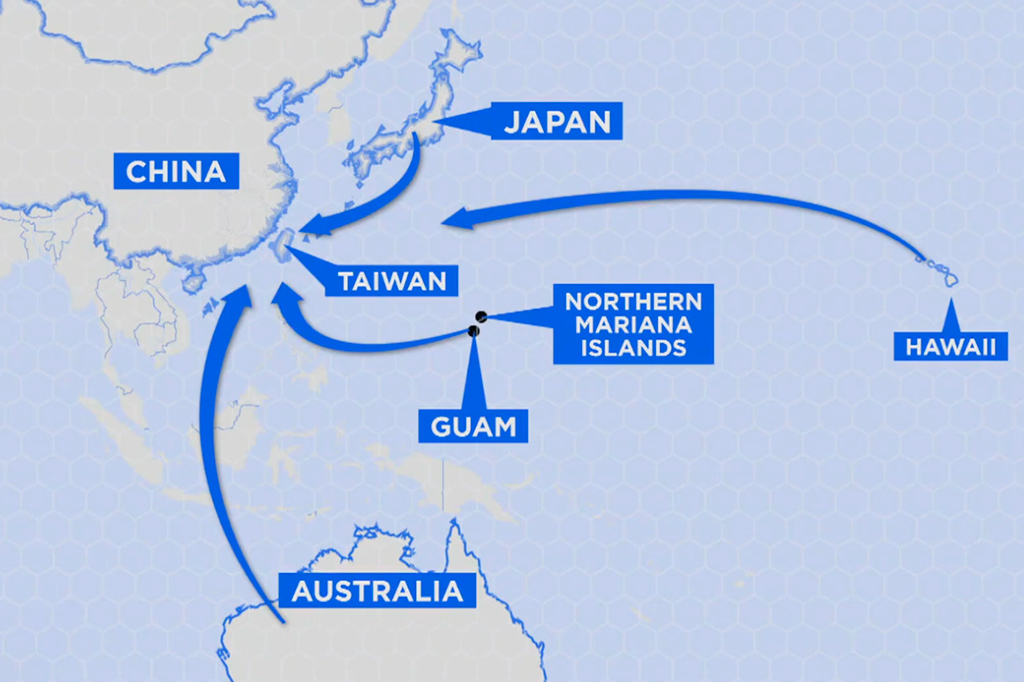 Mapa indicando movimentações da guerra. Vê-se China, Japão, Taiwan, Havaí, Austrália e região de Guam e Ilhas Marianas.