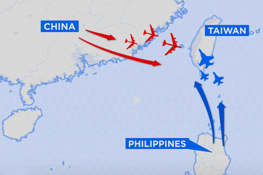 Mapa que engloba China, Taiwan e Filipinas, com setas indicando movimentações da guerra em direção à Taiwan.