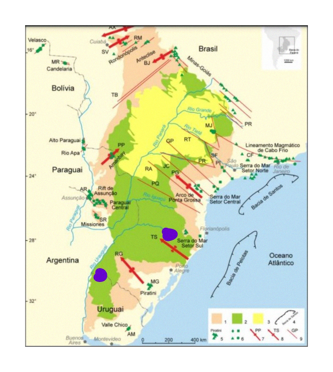 Mapa geológico com destaque para os basaltos da Formação Serra Geral, e depósitos sedimentares pré-basálticos no contexto da Bacia Sedimentar do Paraná.