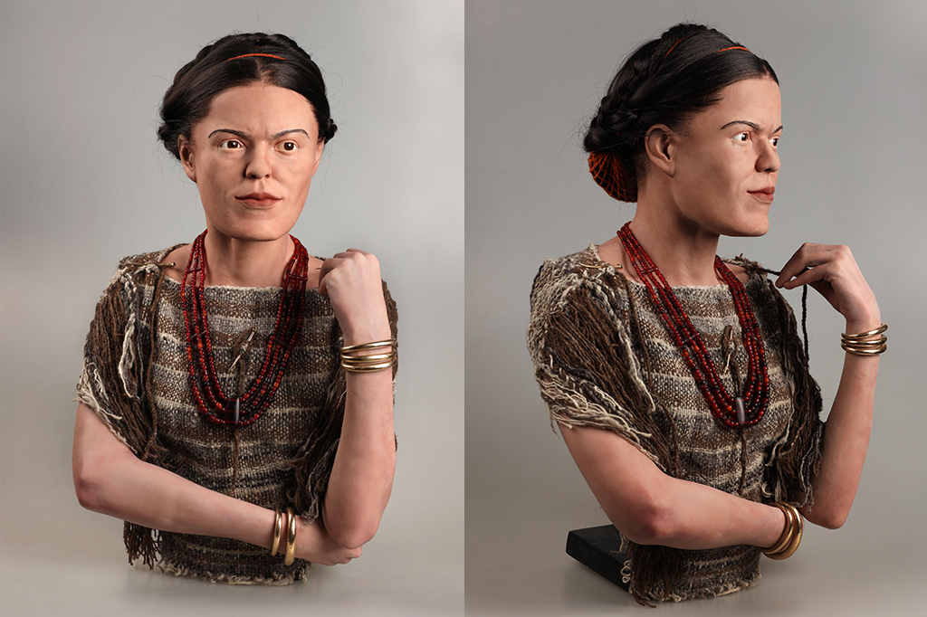 Imagem de reconstrução antropologicamente precisa de mulher europeia da Idade do Bronze.