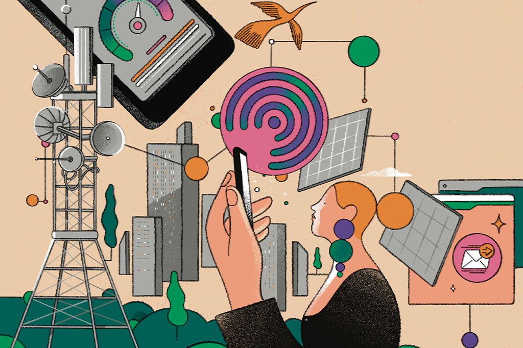 SI_440_5G_site2 Ilustração de diversos elementos de telefonia e internet interligados. Entre eles, uma mulher, de perfil, segura um celular na mão.