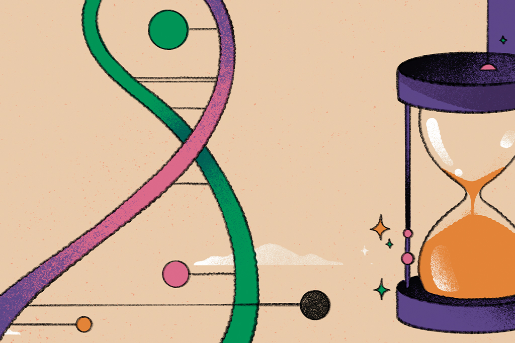 Ilustração de uma ampulheta e fita de DNA.