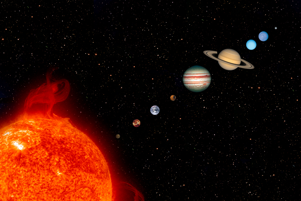 Em destaque, no canto inferior esquerdo, está o Sol. Os planetas do Sistema Solar estão alinhados a partir dele.